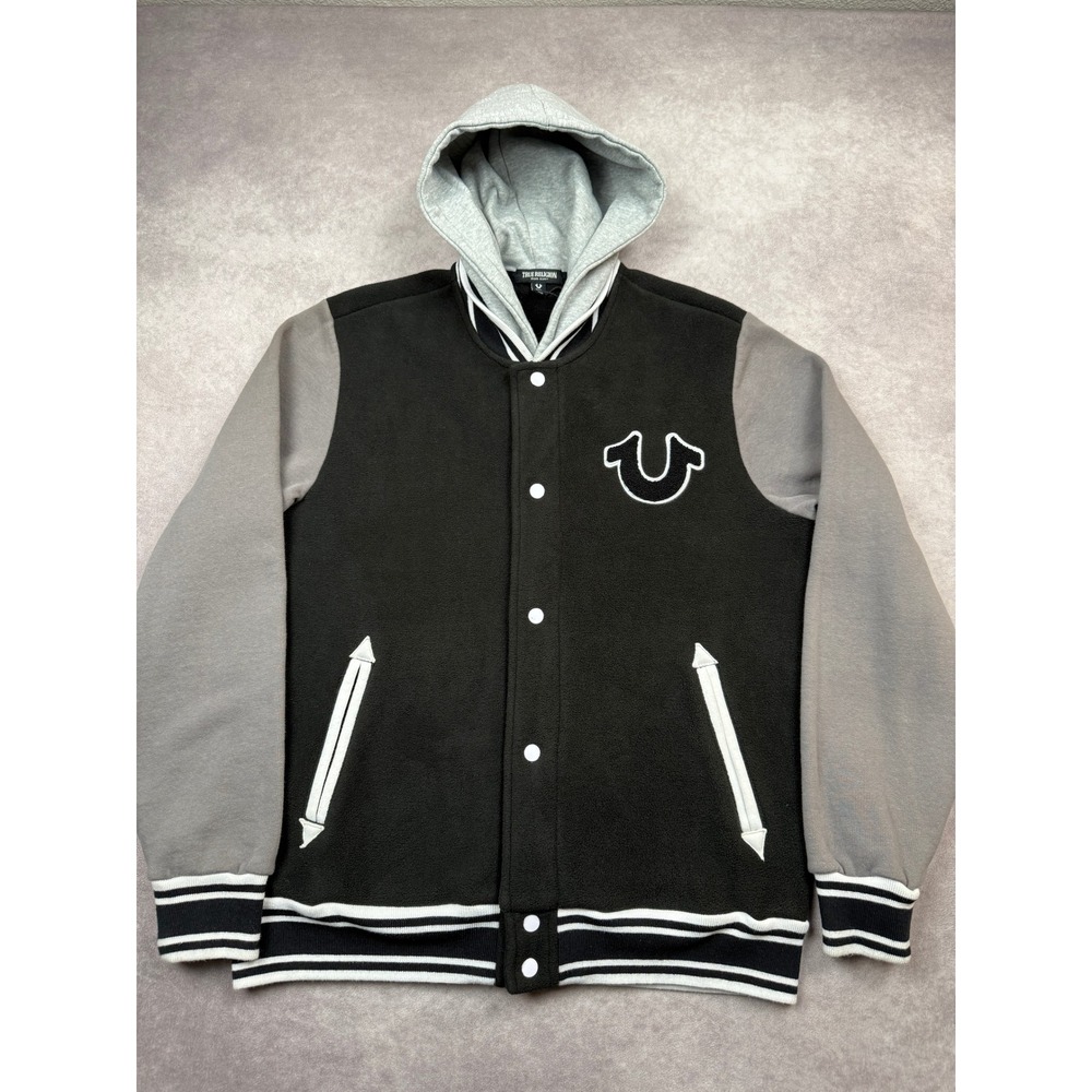 NWT True Religion Men M Varsity Fleece Hood Jacket‎ Black Gray Horseshoe Snap